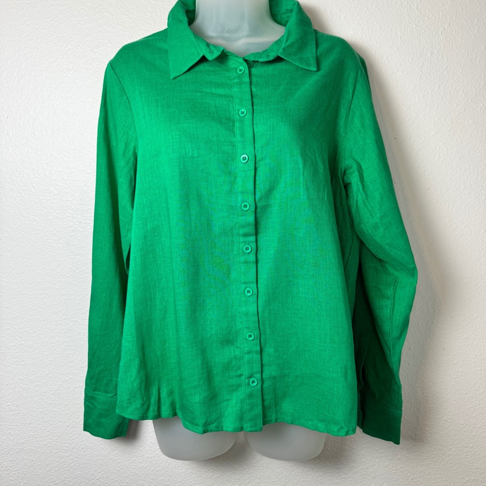 Lulus Kelly Green Linen Blend Button Down Shirt Long Sleeve Blouse Large